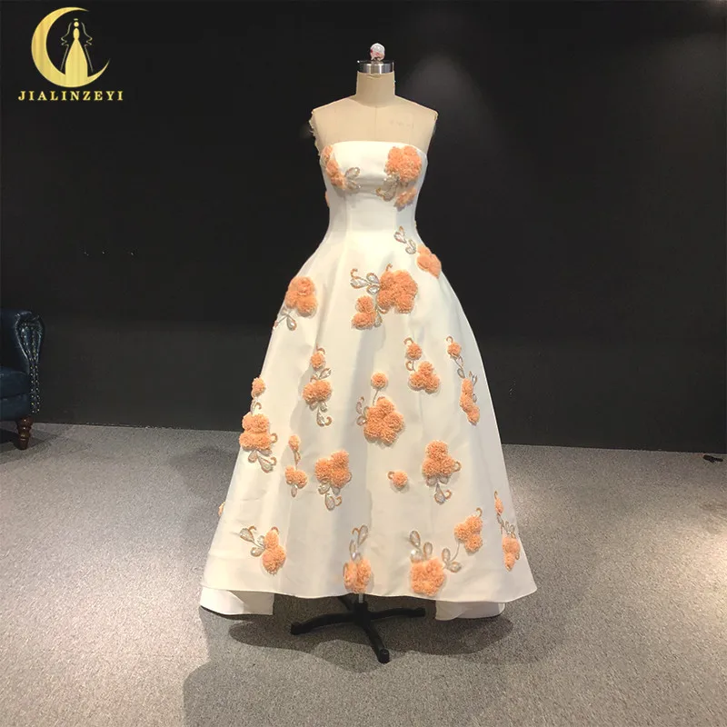 Rhine real Pictures Strapless Pink flowers and Beads Front short long back Prom dresses arabic evening | Свадьбы и торжества