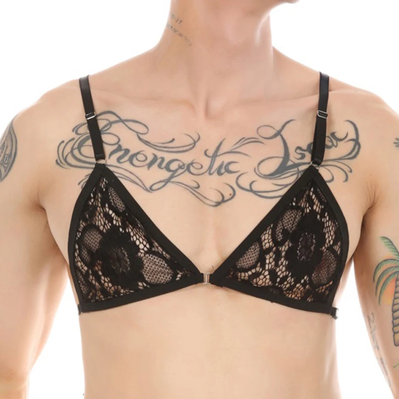 Mens Bra Tops Men Erotic Lace Bra Crossdressing Lingerie Spaghetti Straps Adjustable Wire-free Unlined Tops Transparent