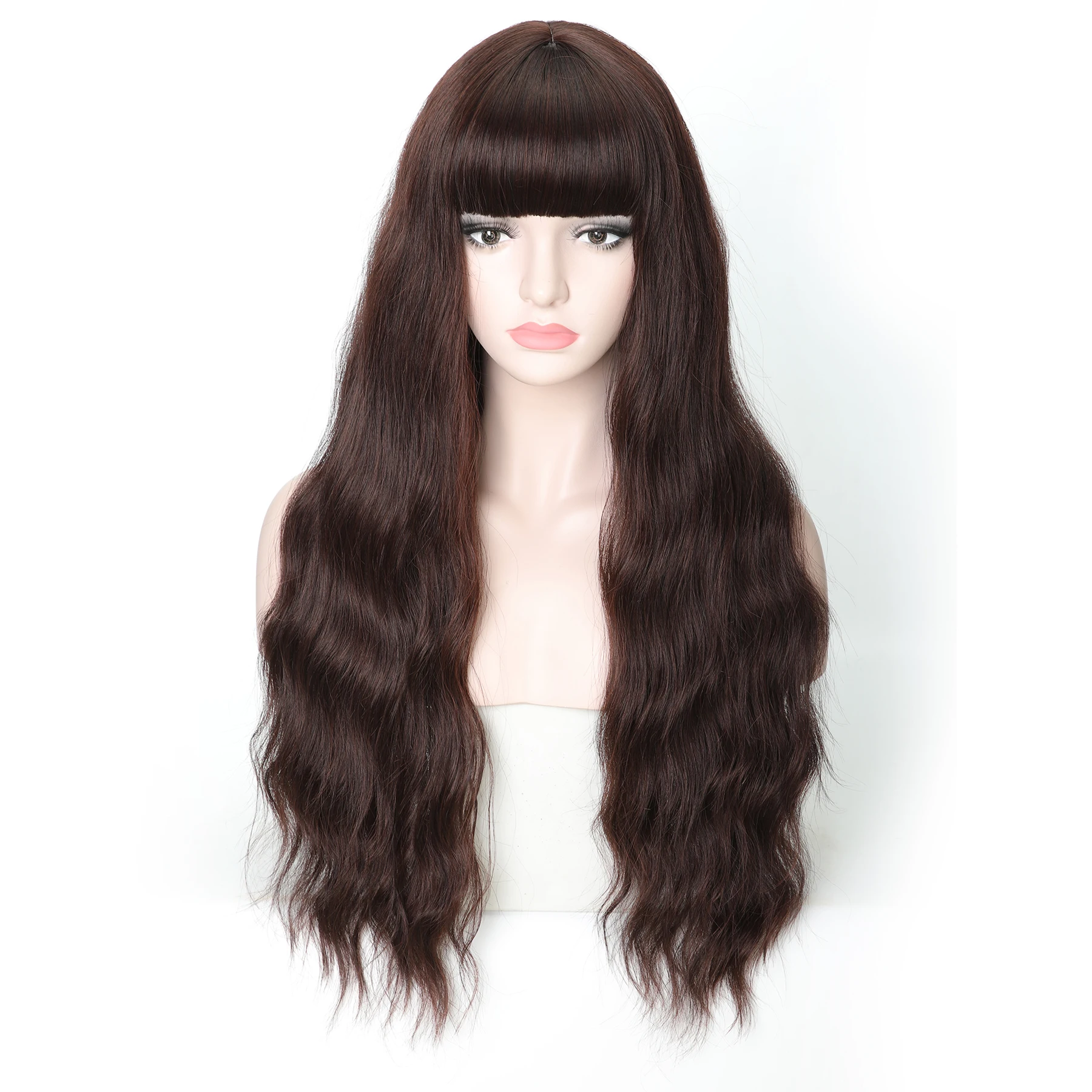 

LANYI Hair 28 inch Long Wavy Dark Brown Synthetic Hair Wigs with Bangs For Women Cosplay Daily Use Wigs Heat Resistant lolita
