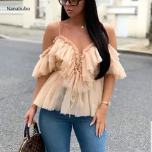 Nanabubu, Сексуальная Блузка с v-образным вырезом и открытыми плечами, топ с баской, Женская плиссированная винтажная сетчатая Блузка с оборками, рубашка, повседневный летний топ без рукавов
