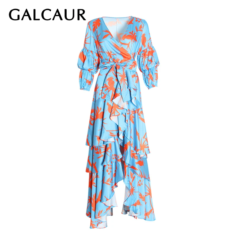 

GALCAUR Print Summer Dress Women V Neck Puff Sleeve High Waist Bow Lace Up Ruffles Irregular Dresses Female 2019 Fashion New