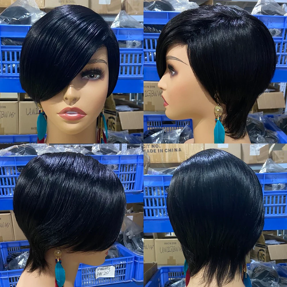 Pixie Cut Short Human Hair Wig With Bangs Straight Bob Short Human Hair Wigs Ombre Color 99j  Full Machine Wigs For Black Women