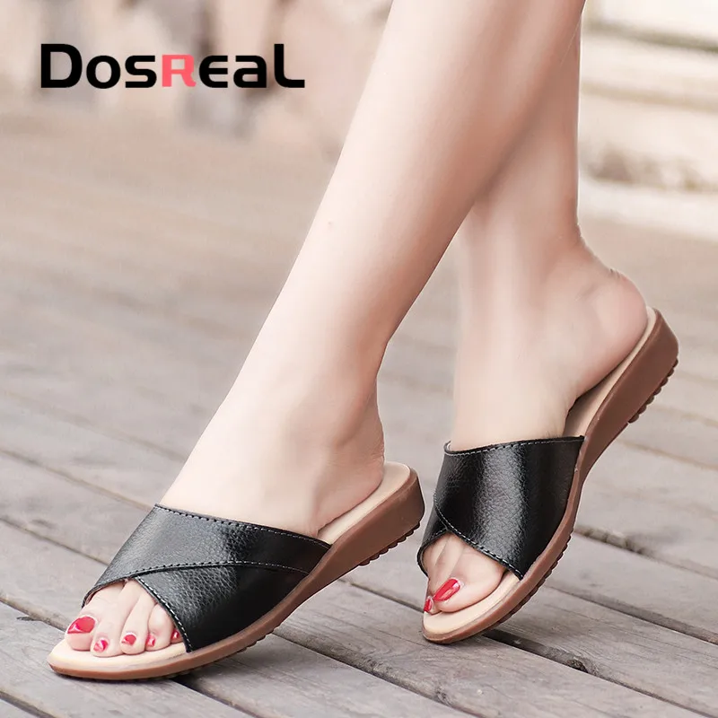 

Dosreal 2020 Women Slippers Summer Slip On Peep Toe Flat Slides Sandals Women WhiteLeather Slippers Flip Flops Female Big Size