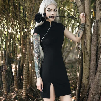 

Gothic style cheongsam improved sexy split retro dress waist girl dark punk oblique zipper dress qipao