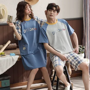 

Women's nightdress men's pajamas cotton short-sleeved large size couple's pajamas home clothes