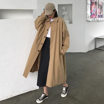 

Streetwear Long trench coat Womens Spring Autumn 2020 Black Khaki Loose long coat Ladies harajuku Outerwear trench coat femme