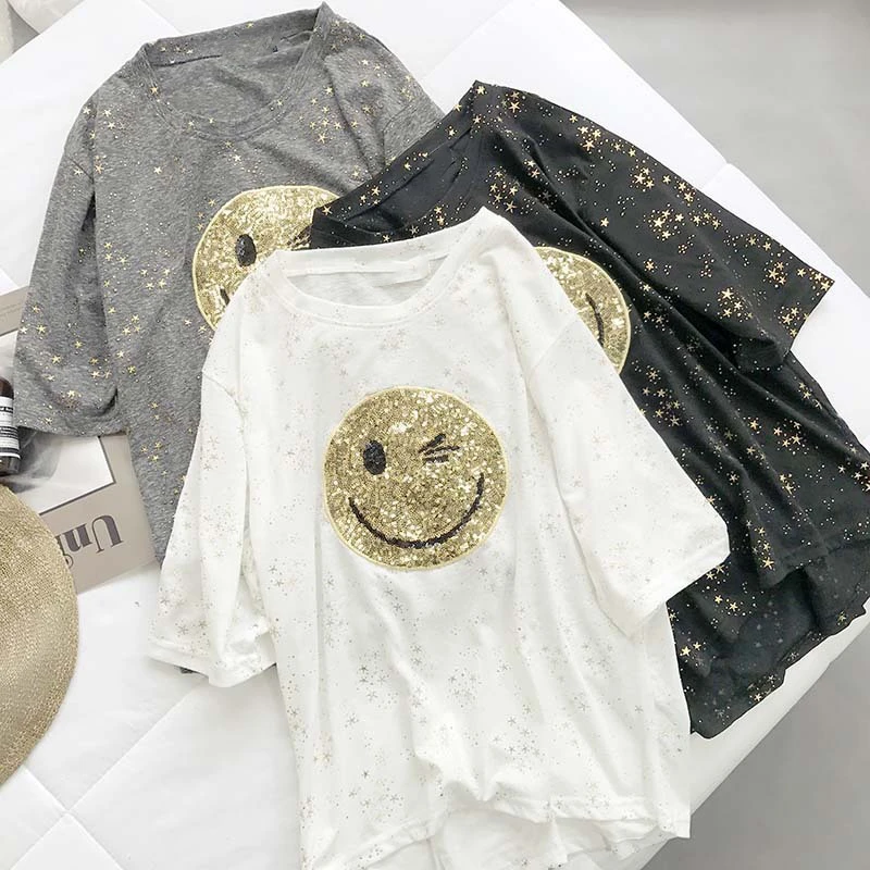 

Smile T-Shirts Women Summer New O-Neck Short Sleeve Sequins Patchwork Loose T-Shirt Casual Lady Slim Tops Female Tees