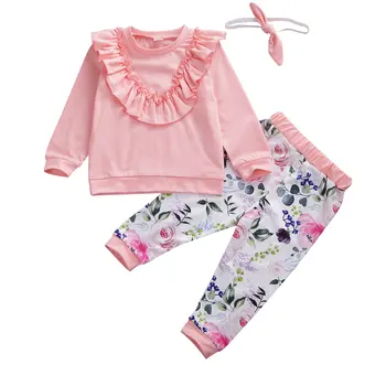

Toddler Baby Girl Kids Ruffles Tops Floral Pants Headband Cotton Clothes Sets 0-24 Months
