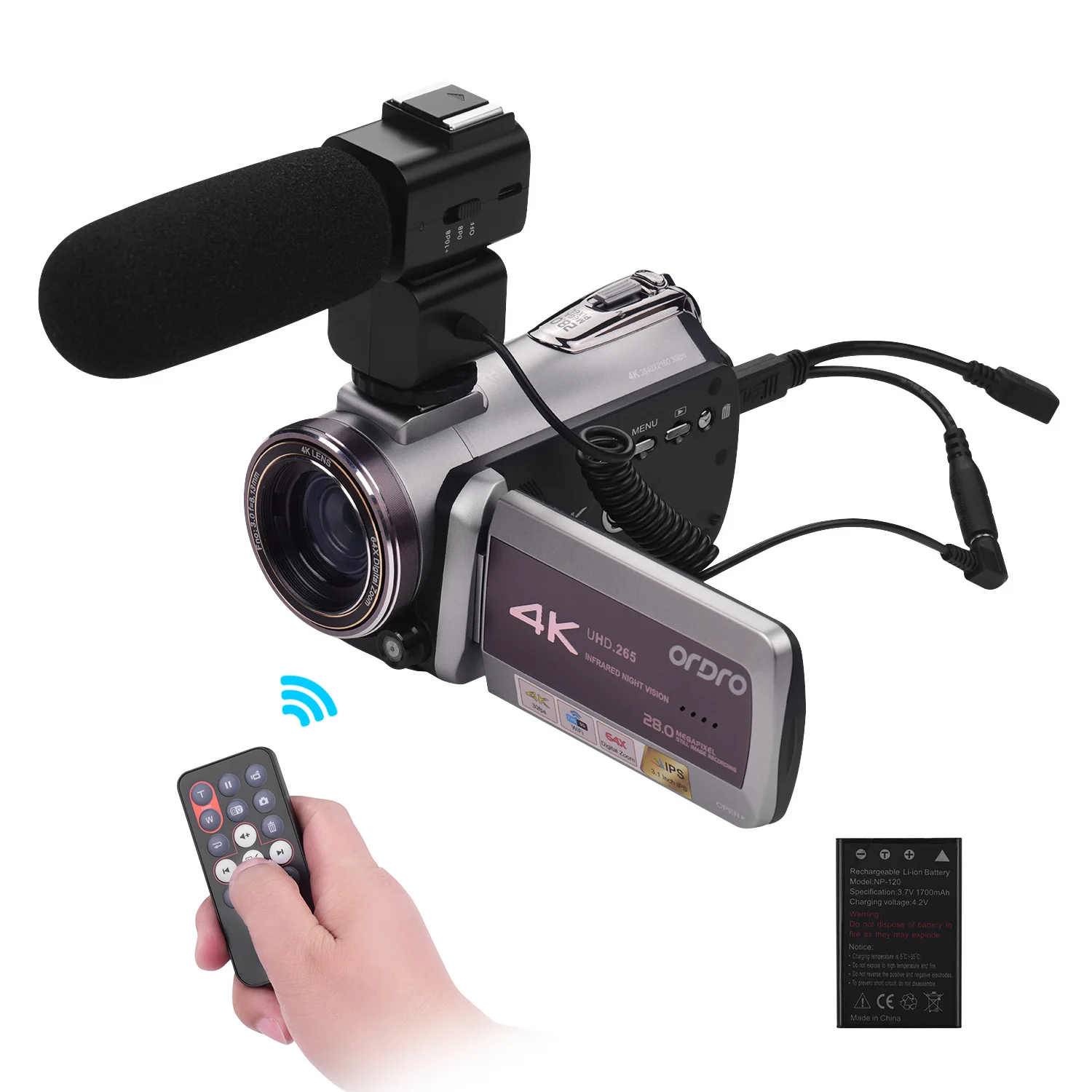 ORDRO HDV-AZ50, портативная, настоящая, 4K UHD, 30FPS, WiFi, цифровая видеокамера, 3,1 дюймов, ips, с 2 шт батареями для камеры, микрофоном