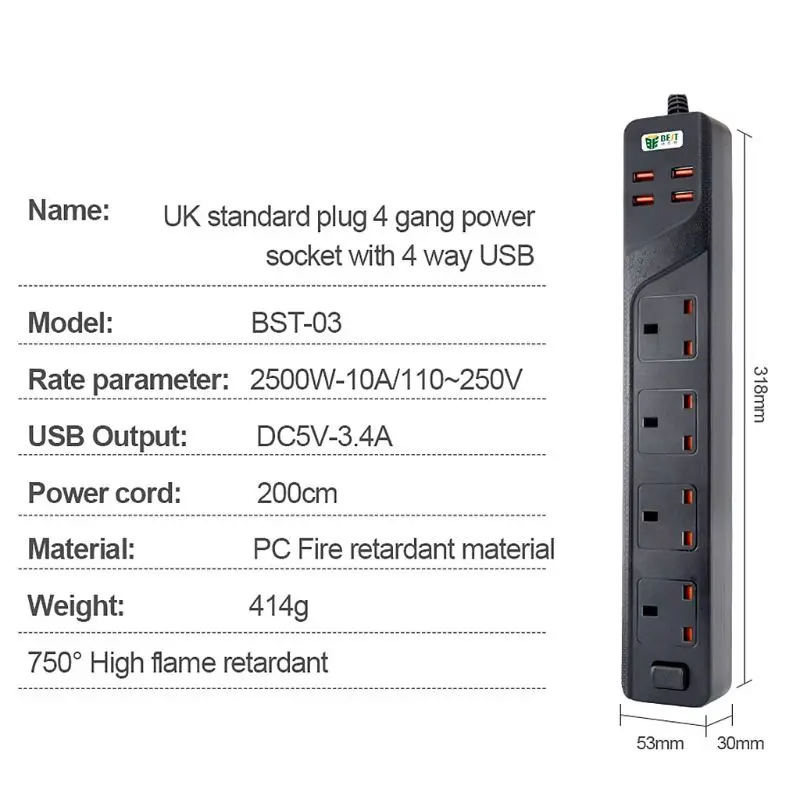 Многофункциональная зарядная станция с 4 выходами переменного тока, 4 usb-порта для зарядки, штепсельная вилка Великобритании для смартфонов, планшетов, офисных отелей