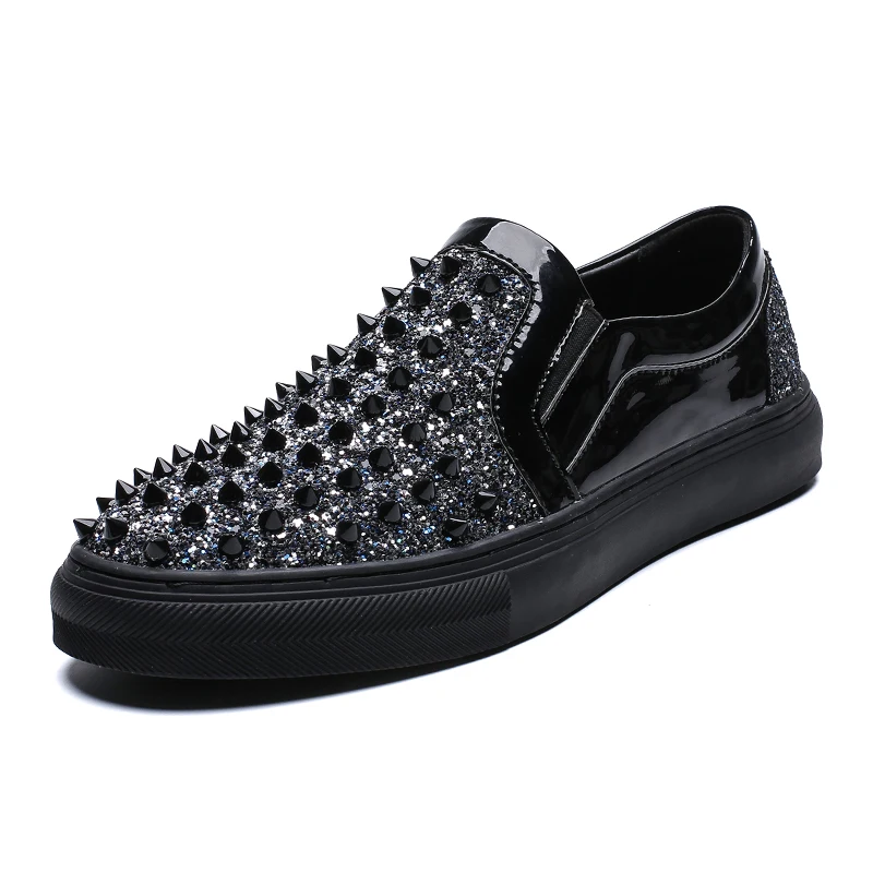England style men casual stage punk wear comfortable rivet loafers genuine leather shoes slip on lazy shoe flat platform sneaker