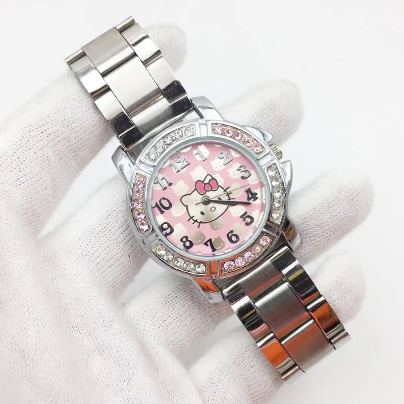 classic design hello kitty cat cartoon watch for women fashion ladies wrist watches shinning crystal pink dial stainless steel bracelet girls students clock female free shipping (7)