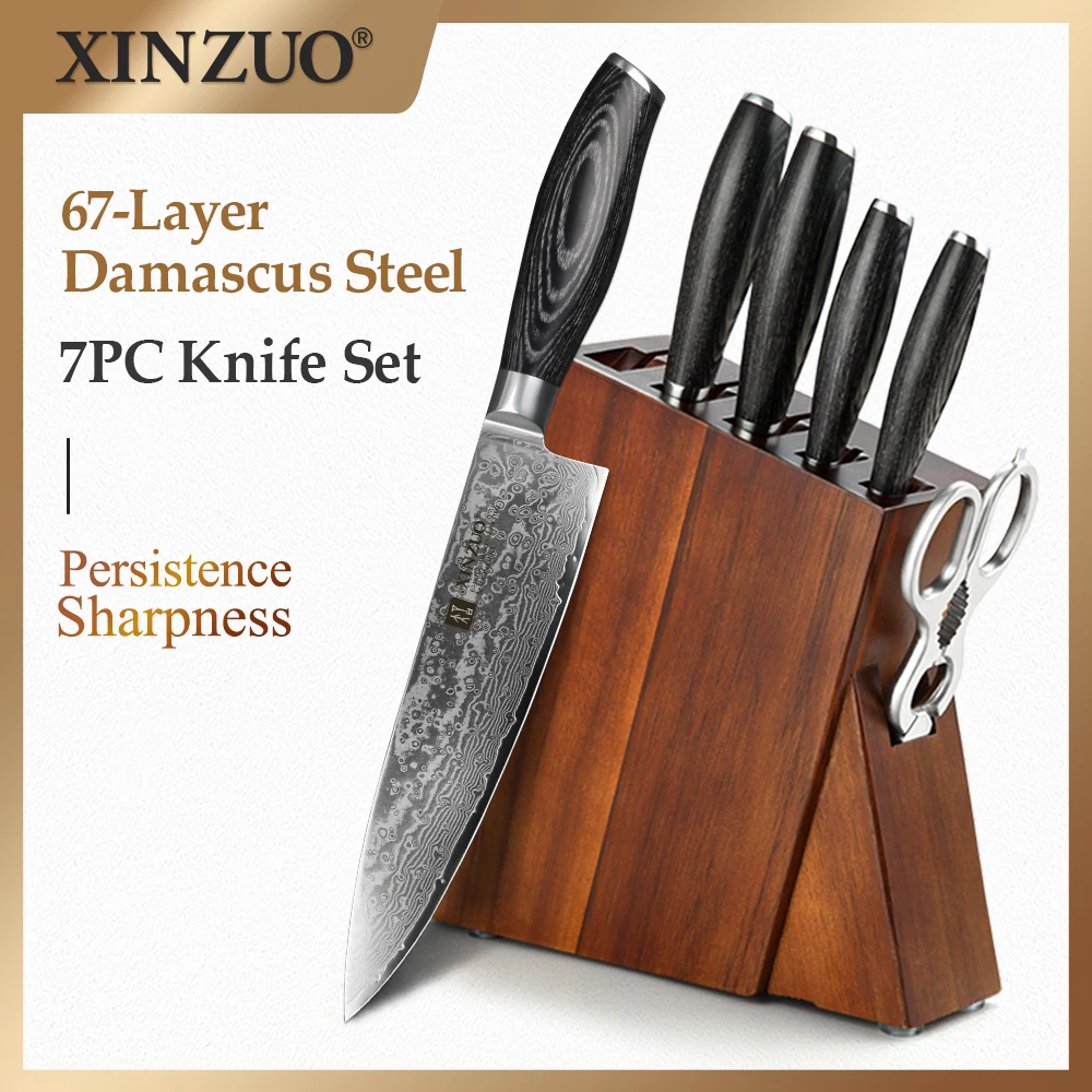 

XINZUO 7PCS Pro Knives Sets Super Sharp Japanese Damascus Steel Chef Santoku Kitchen Scissors Knives Set Block Stand Holder