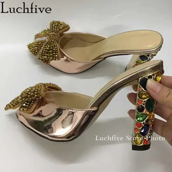 

Crystal Bowknot Women Slippers Diamond Heels Slides Ladies Shoes Sexy Peep Toe Big Size Party Shoes Woman