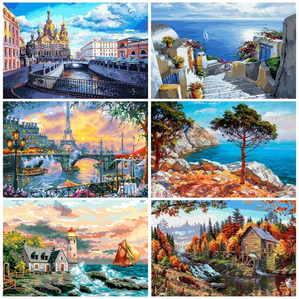 AZQSD Painting By Numbers Seaside Landscape Arcylic Pictures Oil Kits DIY Unframed Hand Paint Kit | Дом и сад