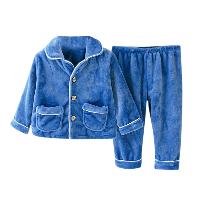 Blue Детские пижамы для малышей; одежда для сна для маленьких девочек и мальчиков; Однотонный плюшевый Карманный Топ; брюки; сезон осень-зима; теплая Домашняя одежда; ночная рубашка - Цвет: Blue