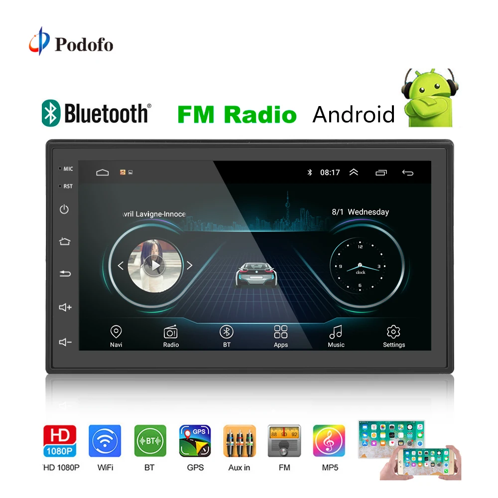 Podofo Car radio 2 din 7'' Android 8.1 IOS/Android mirror link touch screen with Bluetooth WIFI GPS