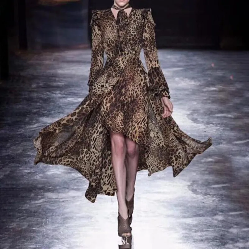 

High Quality 2019 Spring Summer Runway Dress Women Luxury Designer Flare Sleeve Leopard Print Sexy Boho Maxi Long Dress Vestidos
