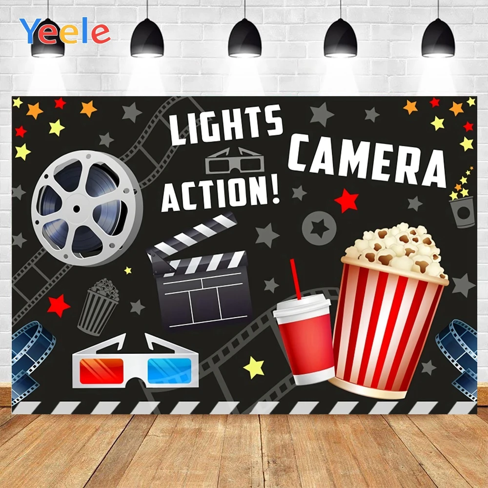 

Yeele Happy Birthday Popcorn Cola Film Action Glass Black Background Photophone Photography Backdrop for Decor Customized Size