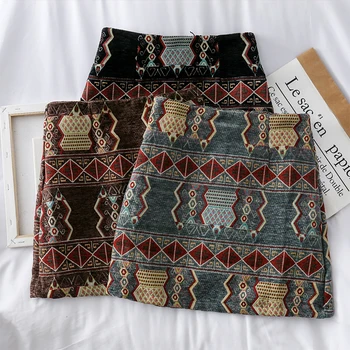 

Autumn 2019 retro ethnic embroidery short skirt for women new Hong Kong style decor tweed hip skirt trend