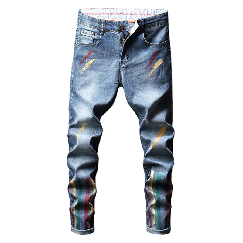 Men's colored painted blue denim jeans Casual slim skinny stretch pencil pants Men's colored painted blue denim jeans Casual slim skinny stretch pencil pants