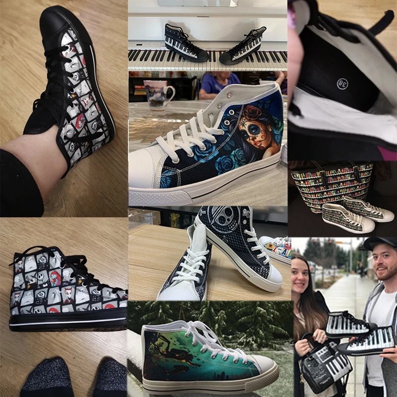 ELVISWORDS 3D Painting Horse Black High Top Women Casual Canvas Shoes Womens Vulcanize Flats Shoes Spring Woman Girls Sneakers