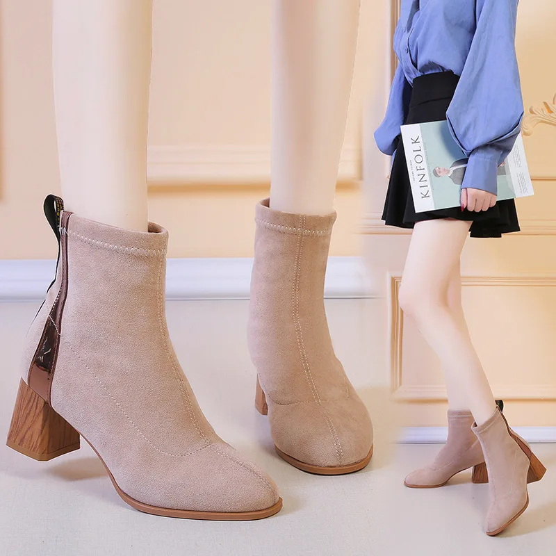 

Autumn Chunky-Heel Slip-on Suede Short Boots Children Breathable Mixed Colors Retro Martin Boots High Heel Online Celebrity Wome
