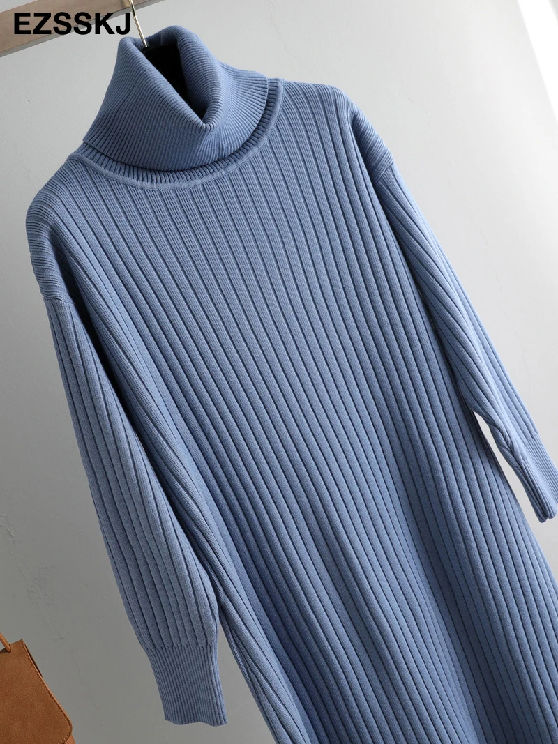 Autumn Winter Long highneck straight sweater Dress Women Casual oversize Sweater Dresses maix THICK basic Knit Dress t shirt dress