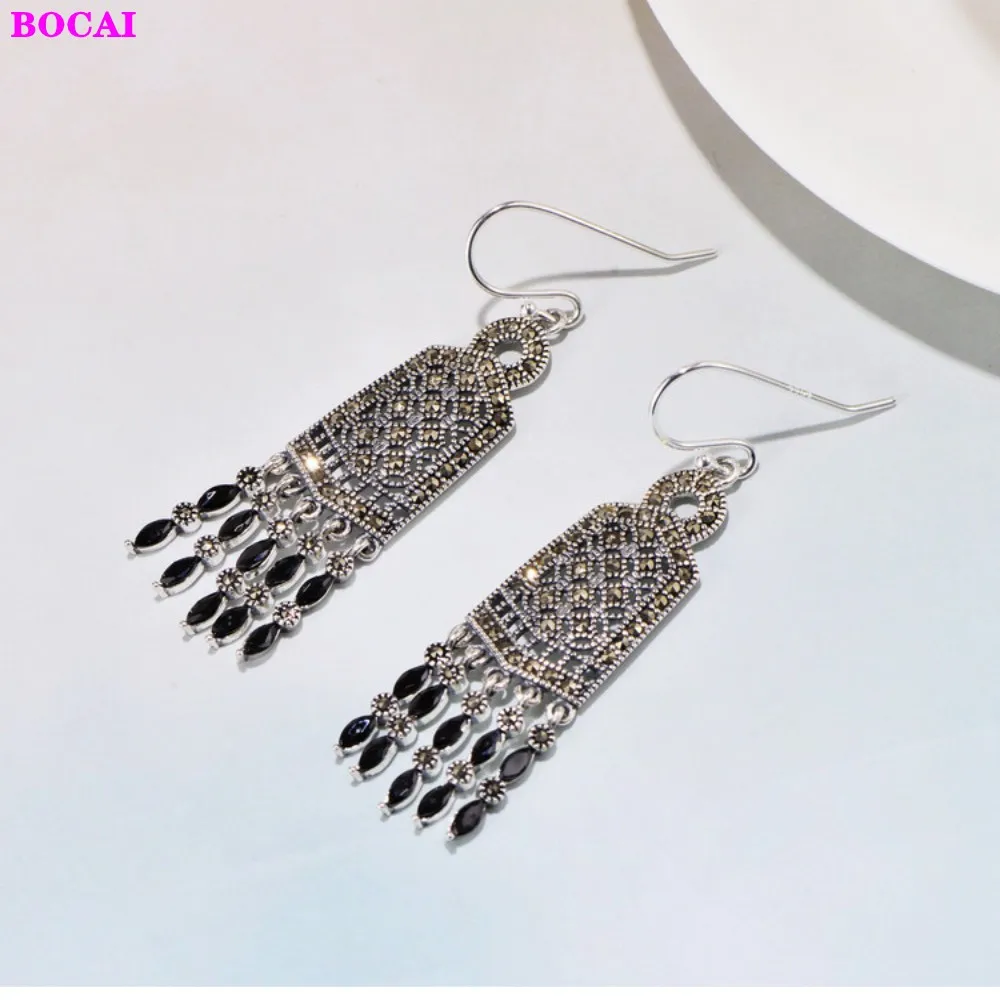 BOCAI 100% S925 Sterling Silver Ear Drop 2021 Fashion Simple Thai Silver Tassel Garnet Jewelry Pure Augentum Earrings For Women