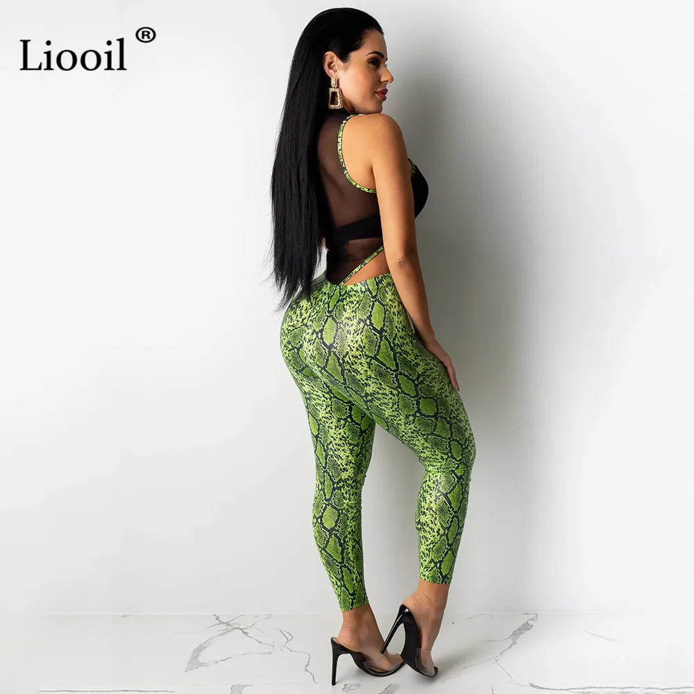 Liooil/комплект из 2 предметов; облегающий комплект для женщин; Клубная одежда; сетчатые прозрачные чарующие Боди и длинные штаны со змеиным принтом; вечерние комплекты