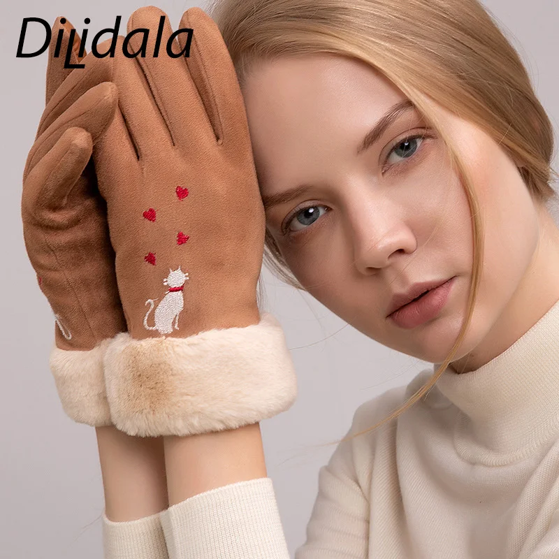 Dilidala Зимние Замшевые Мультяшные кошачьи Перчатки женские с сенсорным экраном милые плотные бархатные студенческие плюшевые теплые перчатки с пятью пальцами