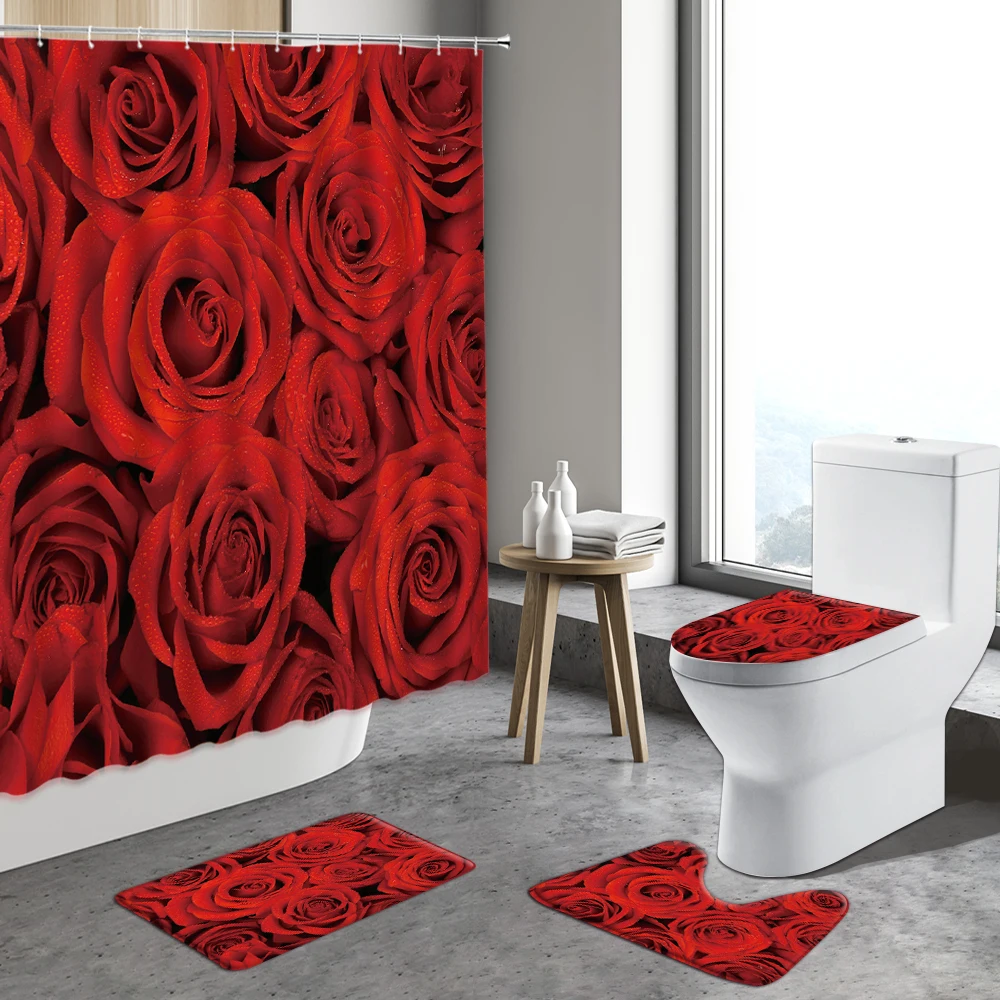 

Romantic Red Rose Flowers Shower Curtain Valentine's Day Floral Art Decor Bathroom Non-slip Rug Toilet Cover Bath Mats Foot Pad