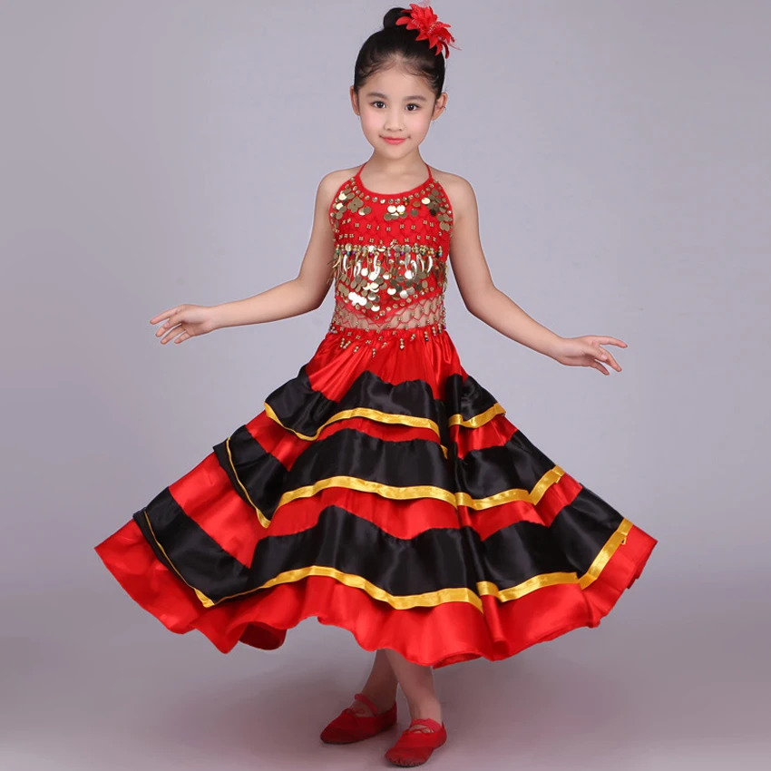 Школьные вечерние костюмы для танцев на Хэллоуин; детская юбка для фламенко для девочек; красный, черный; традиционный испанский жилет с блестками для выступлений