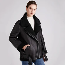 

New Women Winter Lambs Wool Parkas Fur Collar Zipper Jacket Warm Thick Outerwear Faux Lamb Leather Coat Moto Outwear