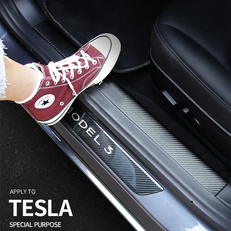 4 шт. углеродное волокно автомобильный порог протектор Добро пожаловать педаль против царапин защитная пленка для ремонта наклейка для Tesla модель 3
