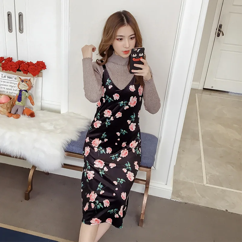 

2017 Autumn And Winter New Style Korean-style High-waisted Suspender Strap Long Skirts Floral Velvet Dress V-neck Strapped Dress