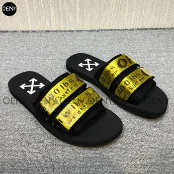 

Summer high street tide brand Velcro men's slippers yellow ribbon beach shoes alphabet arrow flip-flop sandals high quality