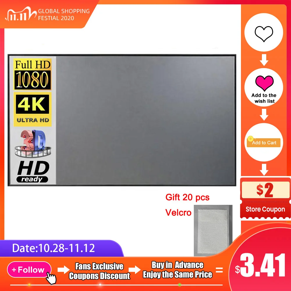Salange Projector Screen 100 120 inch Screen Projection Portable Reflective Fabric Cloth For XGIMI H3 H2 YG400 for Xiaomi Beamer