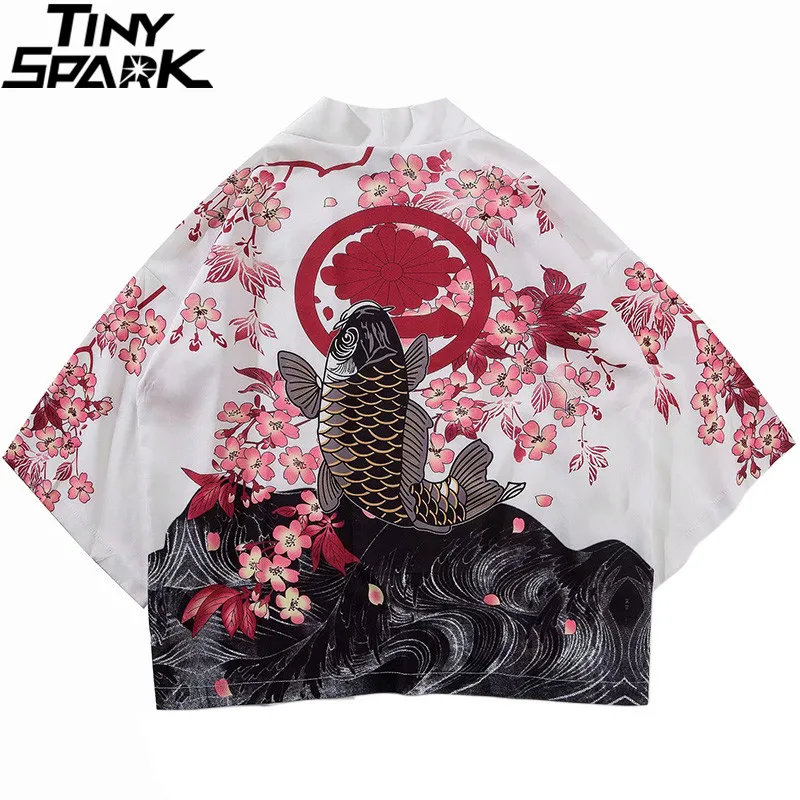 Vente Kimono japonais veste Koi poisson imprimé Harajuku 2019 Hip Hop hommes japon Style Streetwear veste été mince vêtements Kimono ample