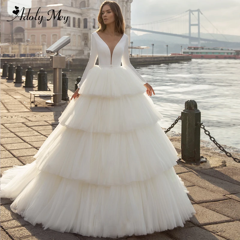 

Adoly Mey Glamorous Tiered Tulle Sweep Train A-Line Wedding Dress 2020 Elegant V-Neck Long Sleeve Vintage Bride Gown Plus Size