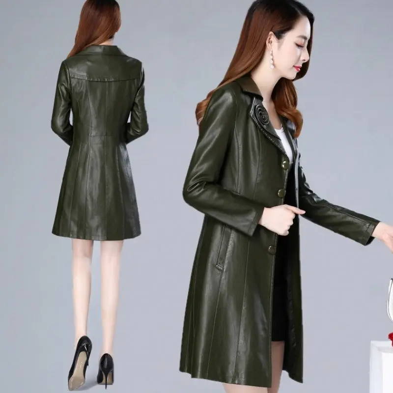 XL-8XL тонкая куртка из искусственной кожи женское длинное пальто новая корейская мода плюс размер осень тиснение кожаная ветровка Женская f1874