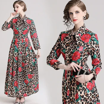 

Elegant Rose Flower Leopard Maxi Dresses for Women Vestido Verano 2020 Casual Clothes Plus Size Party Night Vintage Runway Dress