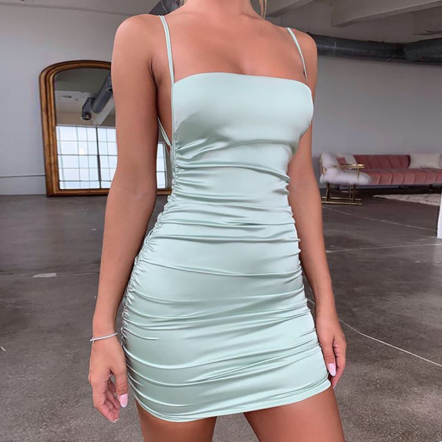 Satin Silk Spaghetti Strap Mini Dress Summer Women Sexy Bandage Backless Sleeveless Ruched Bodycon Dress Woman Club Dresses