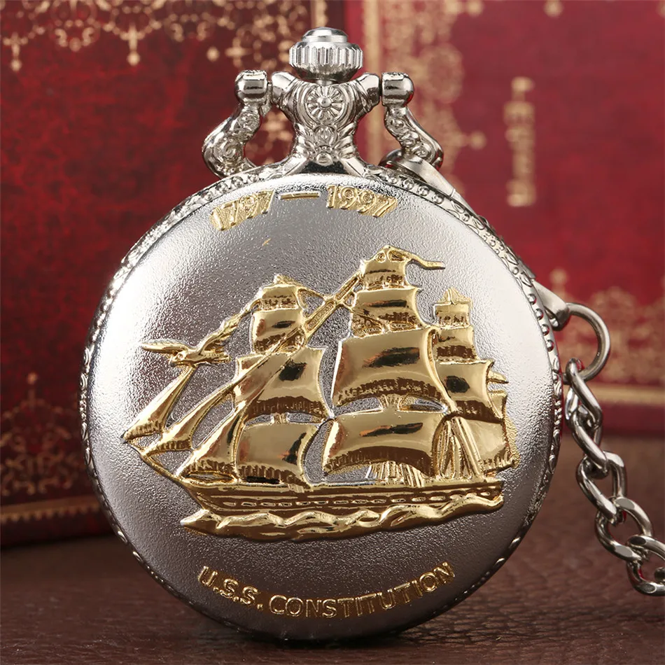 Pocket-Clock Pendant Fob Sailing Golden Silver Round Dial Quartz Arabic Numerals Boat-Design