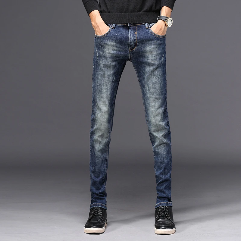 Washed blue Джинсы мужские Классические облегающие джинсы прямые мужские брюки джинсовые мужские брюки уличная одежда стрейч потертые джинсы мужская одежда - Цвет: Washed blue