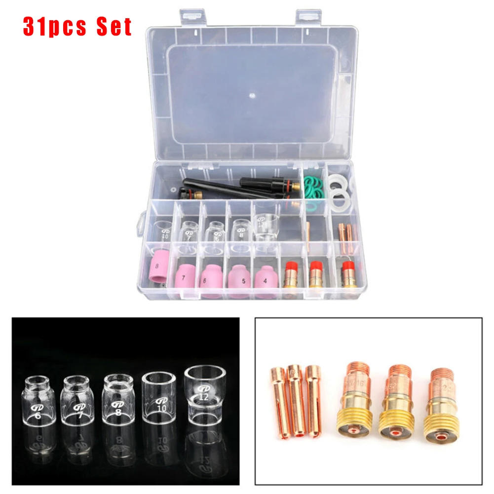 Lente de Gas Stubby soplete de soldadura TIG, 31 Uds., n. ° 12, Kit de vaso de vidrio Pyrex para WP-17/18/26, accesorios de soldadura