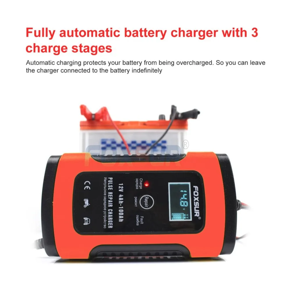 FOXSUR 12V для автомобилей и мотоциклов, интеллигентая(ый) Батарея Зарядное устройство ЖК-дисплей Дисплей EFB AGM гель ремонт импульса Батарея Зарядное устройство