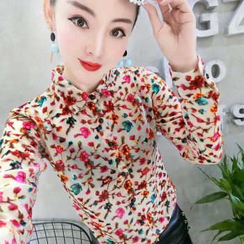 

hollow out fleece flower shirts women velour shirts femme long sleeve 3D flower blouses tops female floral shirts