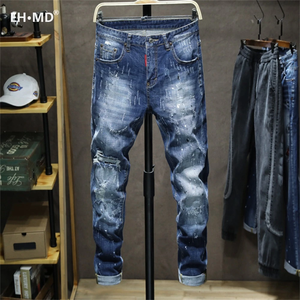 EH·MD® Claw Pattern Ripped Jeans Men's Inkjet White Dots Cat Whisker Slim Cotton Red Ears Soft Stretch Beggar Pants Reflective