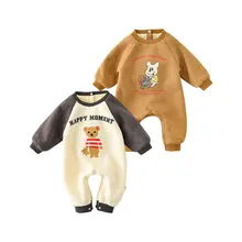 Barboteuse d'automne pour bébés garçons et filles, combinaison à manches longues, imprimé ours de dessin animé, vêtements pour nouveau nés, 0 24 mois